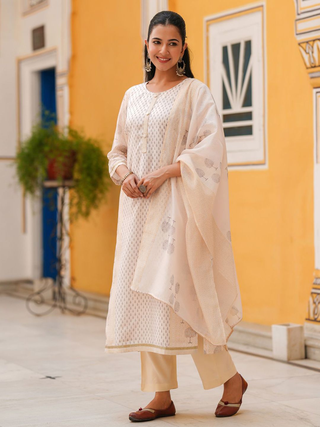 Dhiyona RR Women's Ethnic Motifs Printed Regular Chanderi Cotton Straight Kurta Set