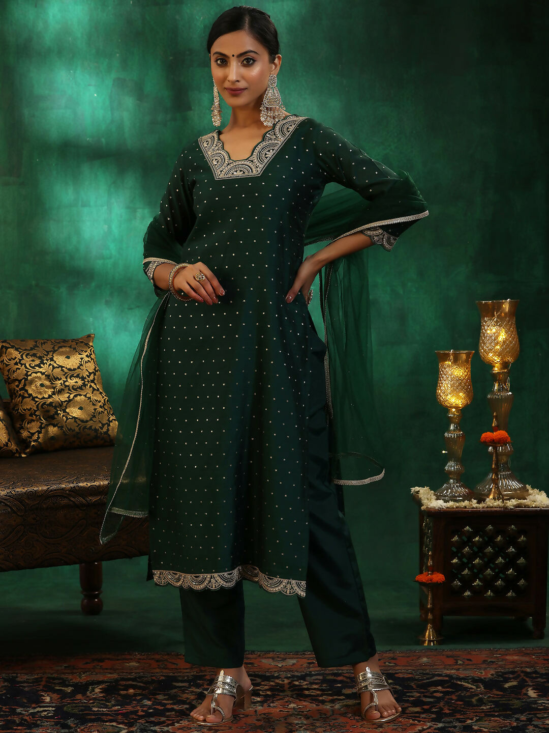 Women's LB Green Self Design Silk blend Straight Suit With Dupatta