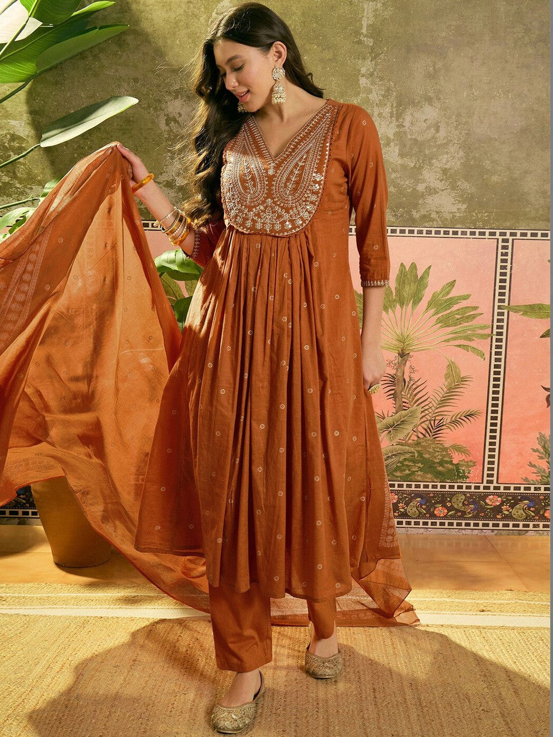 Embroidered V-Neck Kurta & Trousers with Dupatta