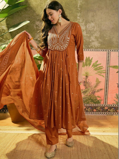 Embroidered V-Neck Kurta & Trousers with Dupatta