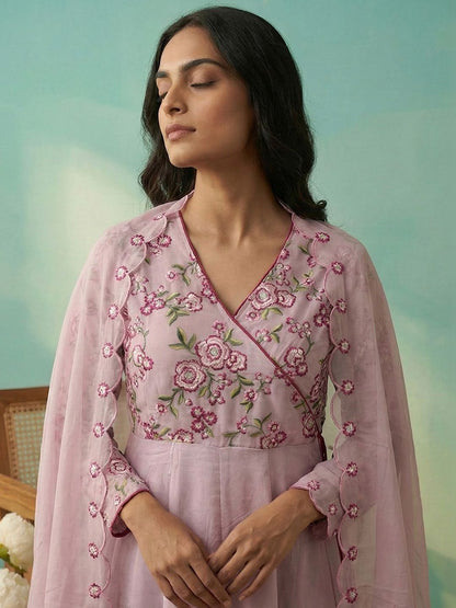 Dhiyona CH Women Floral Embroidered Angrakha Thread Work Kurta with Trousers & With Dupatta