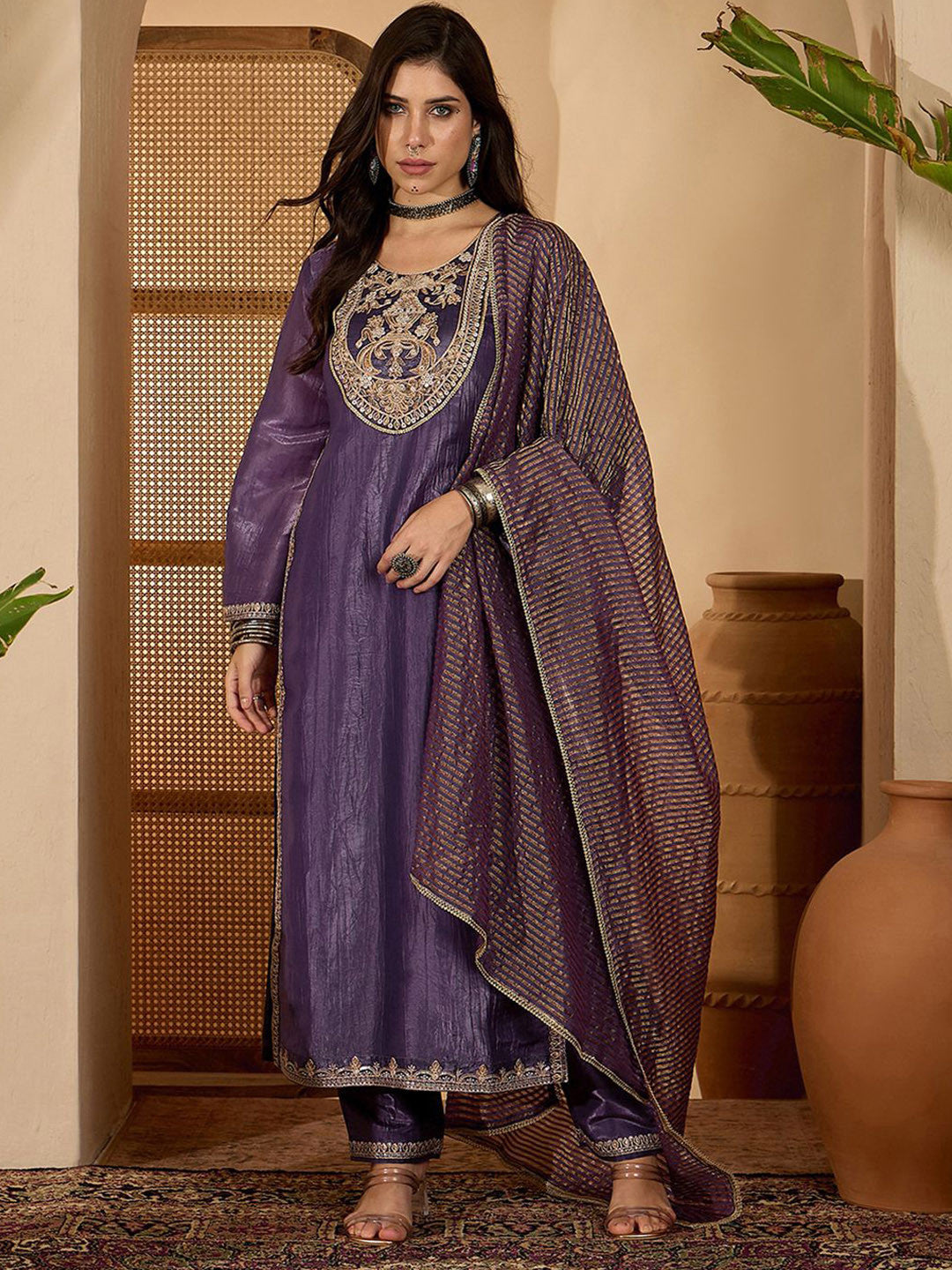 Dhiyona SN Women Zari Sequence Embroidered Kurta With Trouser & Dupatta