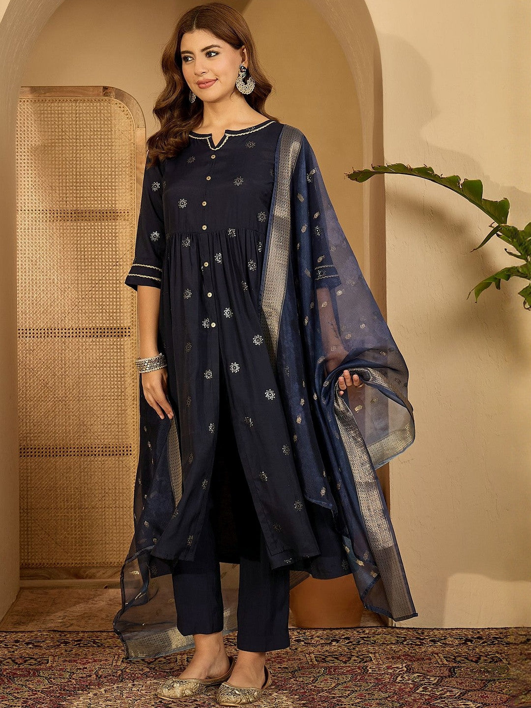 Women Navy Blue Printed Kurta Sets With Dupatta
