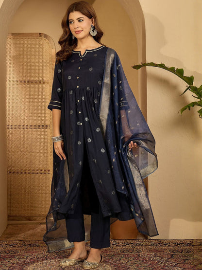 Women Navy Blue Printed Kurta Sets With Dupatta