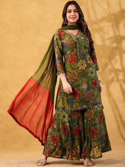 Dhiyona HOP Floral Printed Kurta with Sharara & Dupatta Set