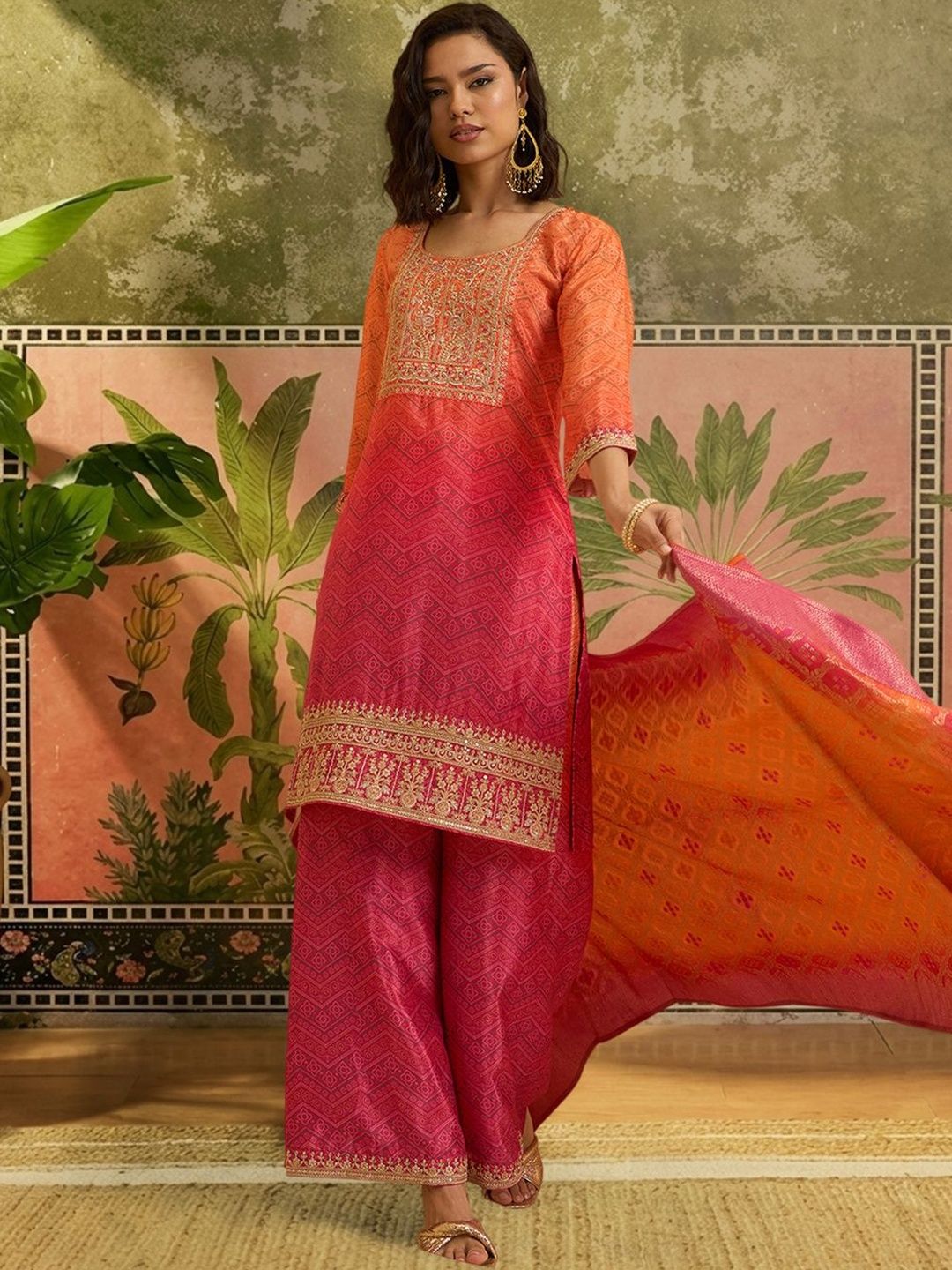 Dhiyona SN Embroidered Round Neck Kurta & Palazzos With Dupatta