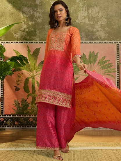 Dhiyona SN Embroidered Round Neck Kurta & Palazzos With Dupatta