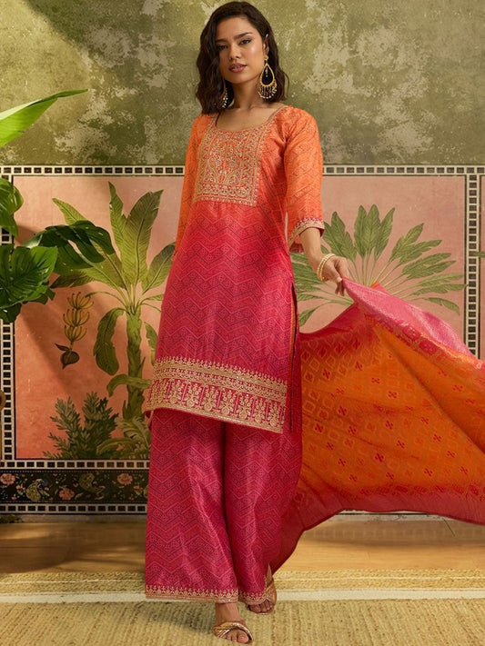 Dhiyona SN Embroidered Round Neck Kurta & Palazzos With Dupatta