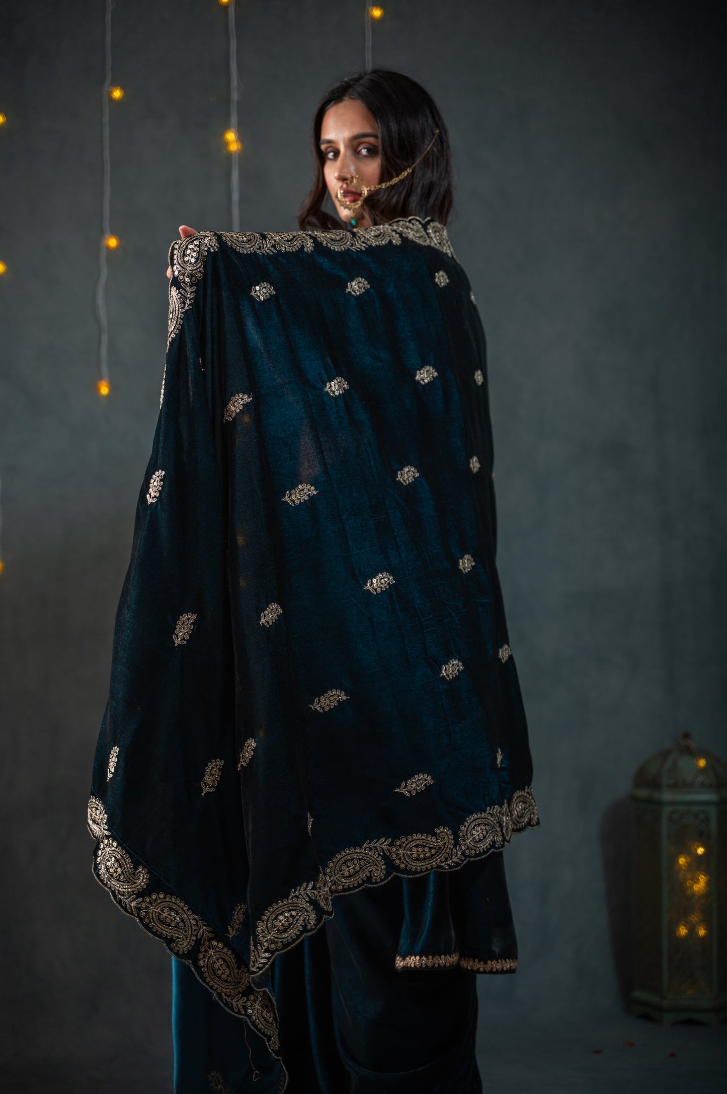 Dhiyona ST Velvet Peacock Feather Blue Shawl
