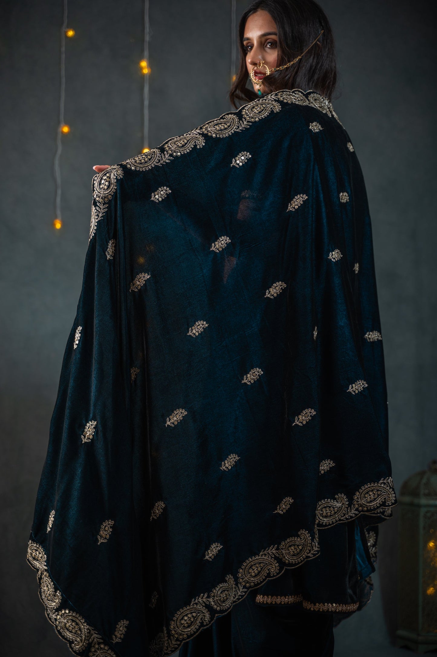 Dhiyona ST Velvet Peacock Feather Blue Shawl