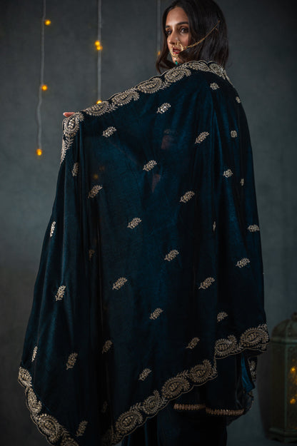 Dhiyona ST Velvet Peacock Feather Blue Shawl