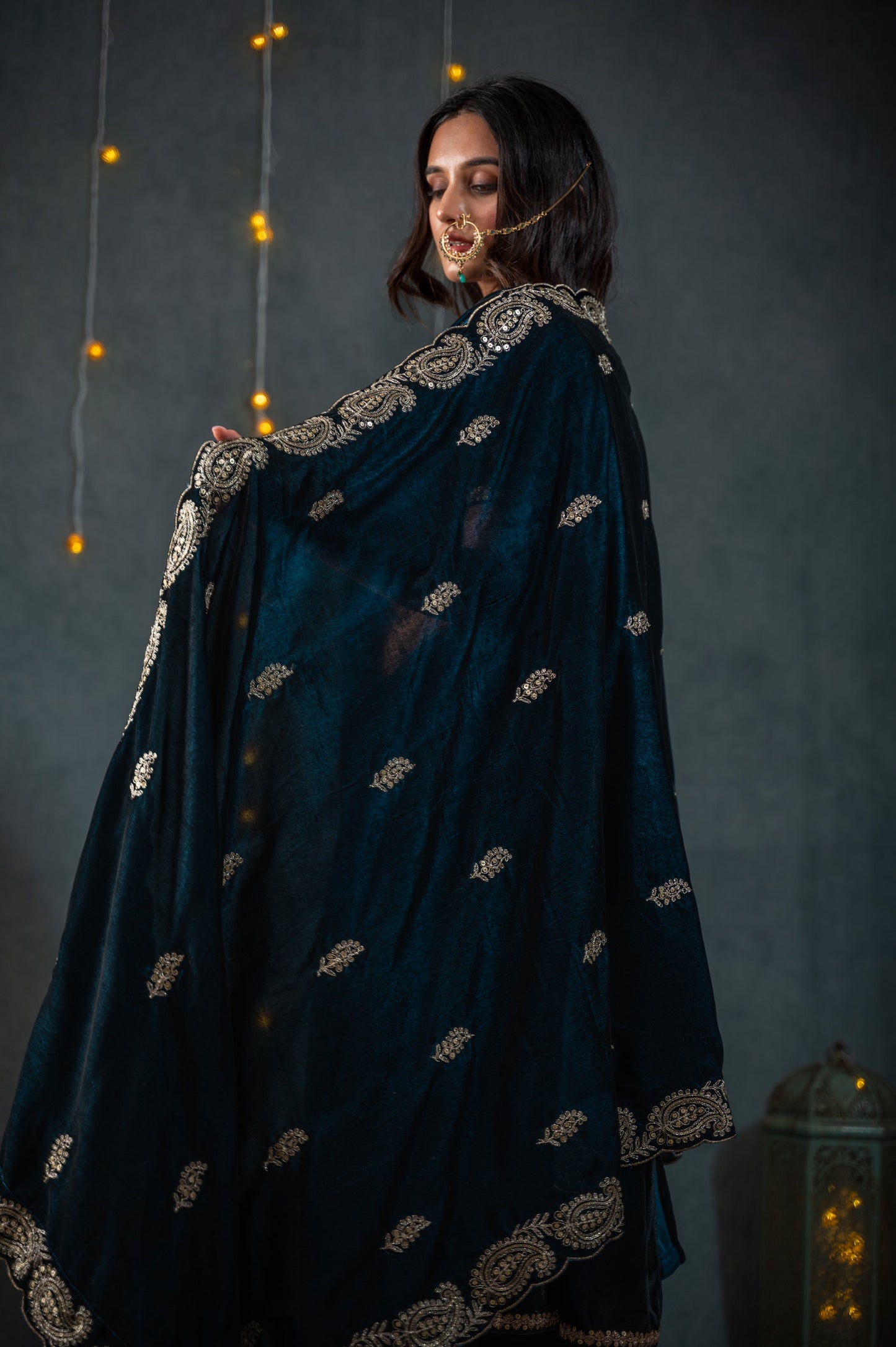 Dhiyona ST Velvet Peacock Feather Blue Shawl
