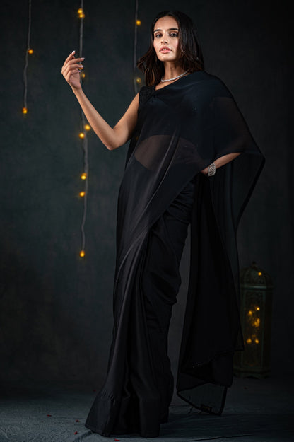 Dhiyona ST Black Chiffon Saree with Embroidered Blouse Fabric