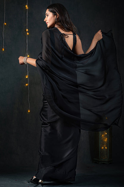 Dhiyona ST Black Chiffon Saree with Embroidered Blouse Fabric