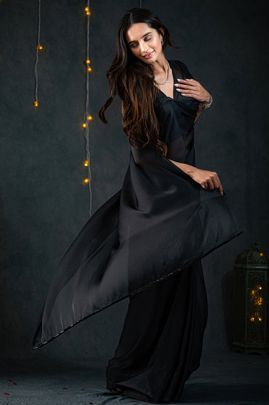 Dhiyona ST Black Chiffon Saree with Embroidered Blouse Fabric