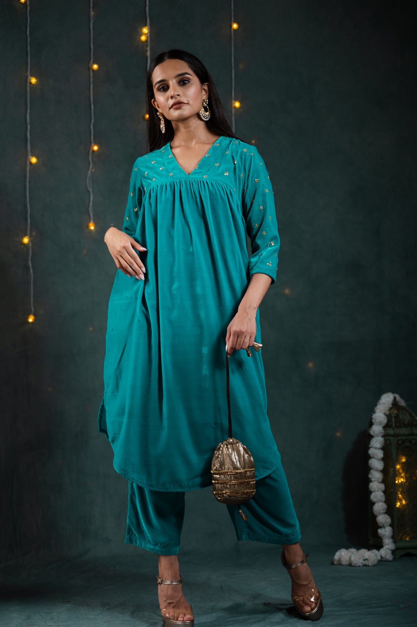 Dhiyona ST Women's Sky Blue Velvet Top with Sequined Sleeves and Yoke 2 Piece Set | Straight Fit, V Neck, 3/4 Sleeves, Pants, Festive Wear, (Velvet)