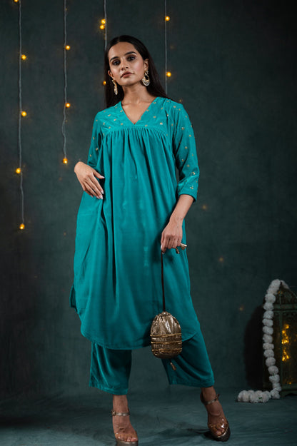 Dhiyona ST Women's Sky Blue Velvet Top with Sequined Sleeves and Yoke 2 Piece Set | Straight Fit, V Neck, 3/4 Sleeves, Pants, Festive Wear, (Velvet)