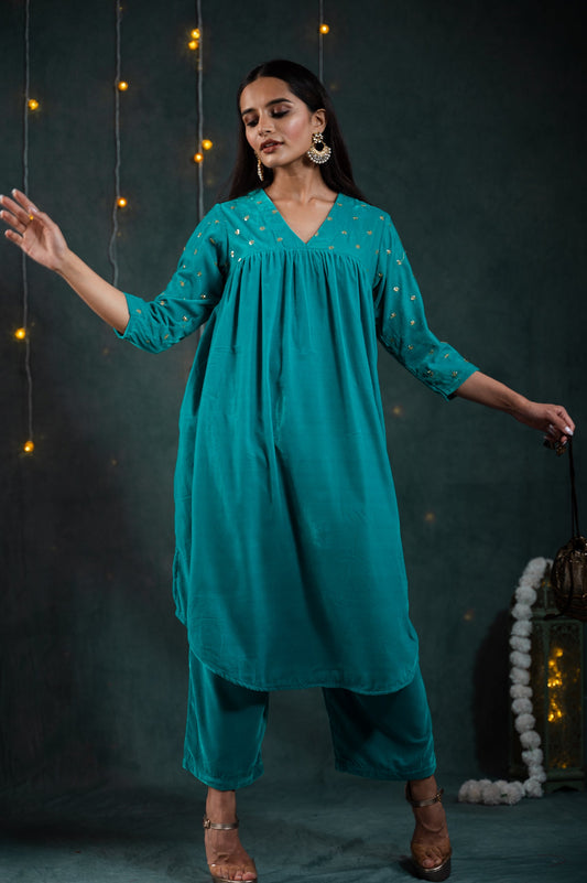 Dhiyona ST Women's Sky Blue Velvet Top with Sequined Sleeves and Yoke 2 Piece Set | Straight Fit, V Neck, 3/4 Sleeves, Pants, Festive Wear, (Velvet)