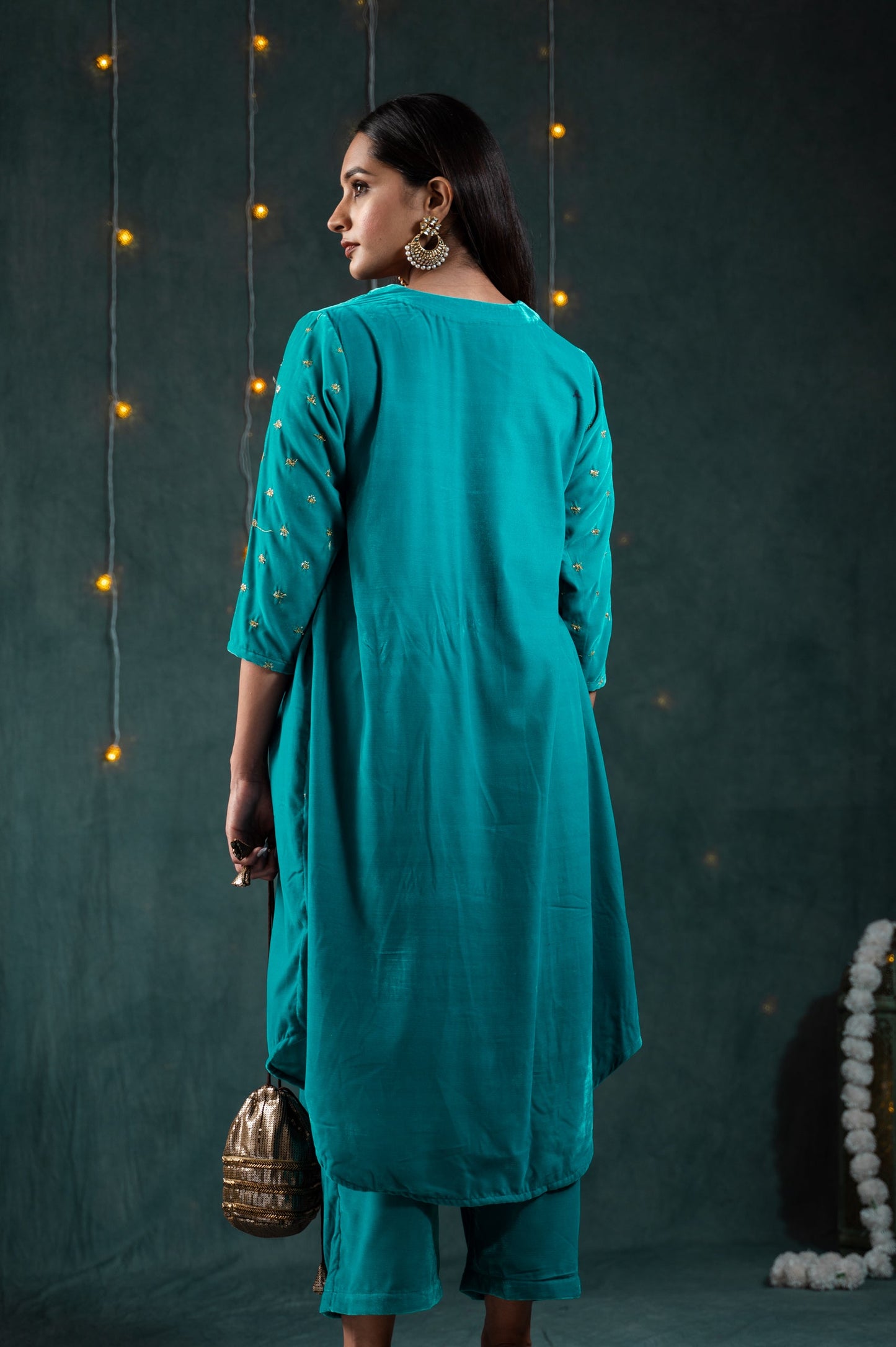Dhiyona ST Women's Sky Blue Velvet Top with Sequined Sleeves and Yoke 2 Piece Set | Straight Fit, V Neck, 3/4 Sleeves, Pants, Festive Wear, (Velvet)