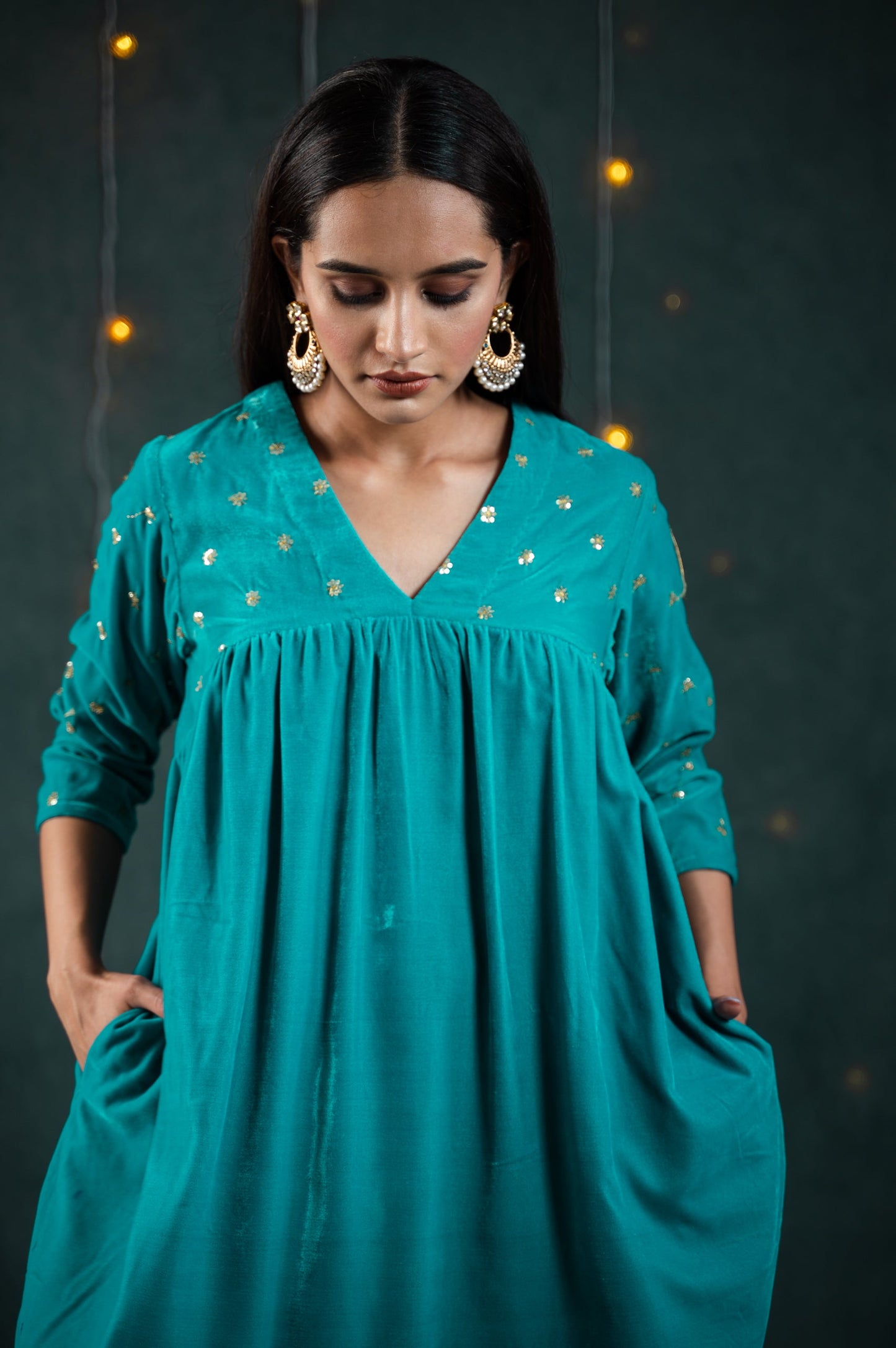 Dhiyona ST Women's Sky Blue Velvet Top with Sequined Sleeves and Yoke 2 Piece Set | Straight Fit, V Neck, 3/4 Sleeves, Pants, Festive Wear, (Velvet)