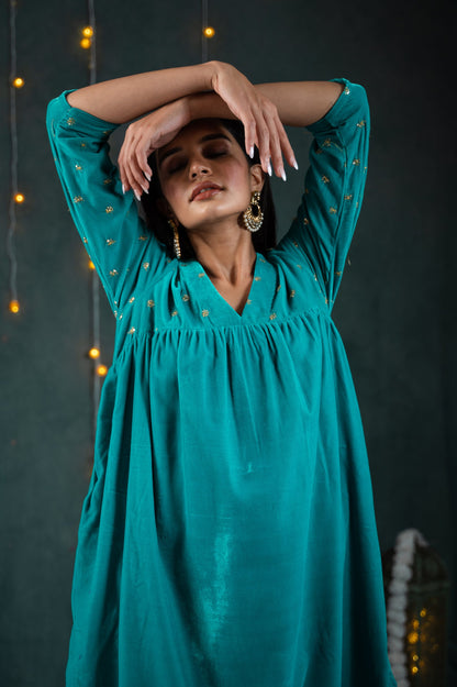 Dhiyona ST Women's Sky Blue Velvet Top with Sequined Sleeves and Yoke 2 Piece Set | Straight Fit, V Neck, 3/4 Sleeves, Pants, Festive Wear, (Velvet)