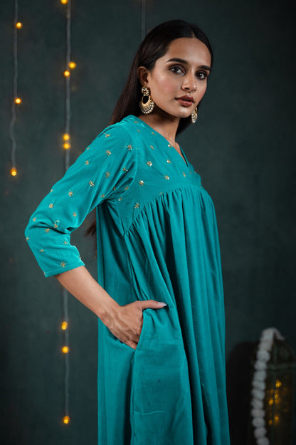 Dhiyona ST Women's Sky Blue Velvet Top with Sequined Sleeves and Yoke 2 Piece Set | Straight Fit, V Neck, 3/4 Sleeves, Pants, Festive Wear, (Velvet)