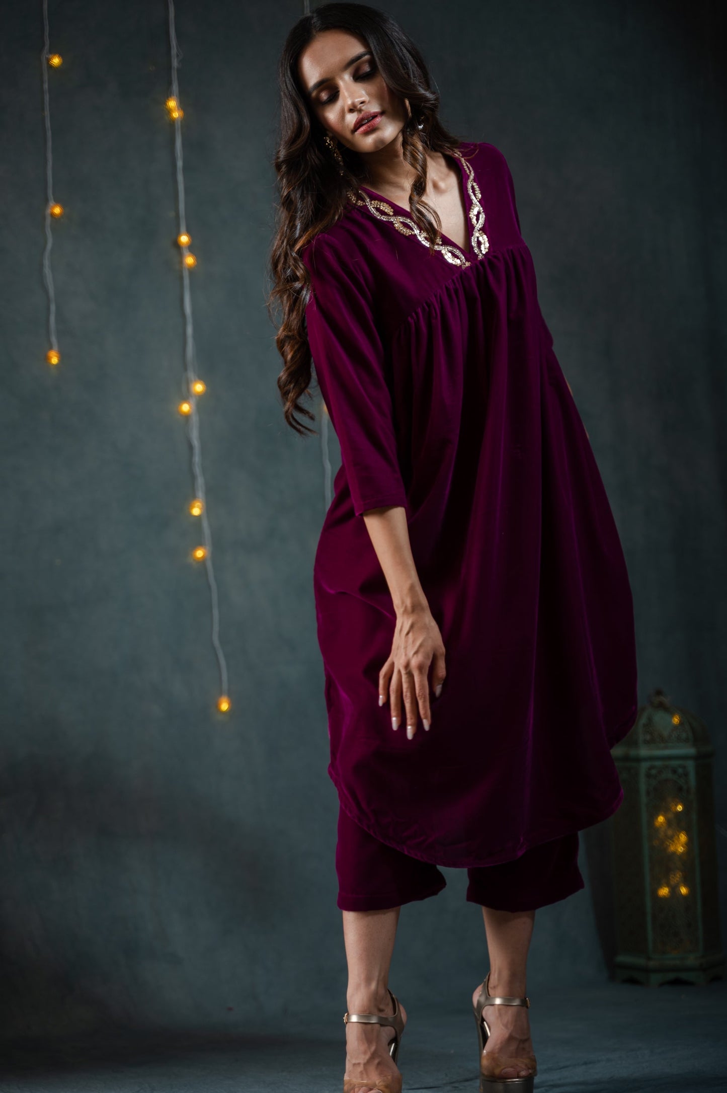 Dhiyona ST Women's Plum Velvet Kurta with Sequinned Neckline and Pants 2 Piece Set | Straight Fit, V Neck, 3/4 Sleeves, Pants, Partywear, (Velvet)