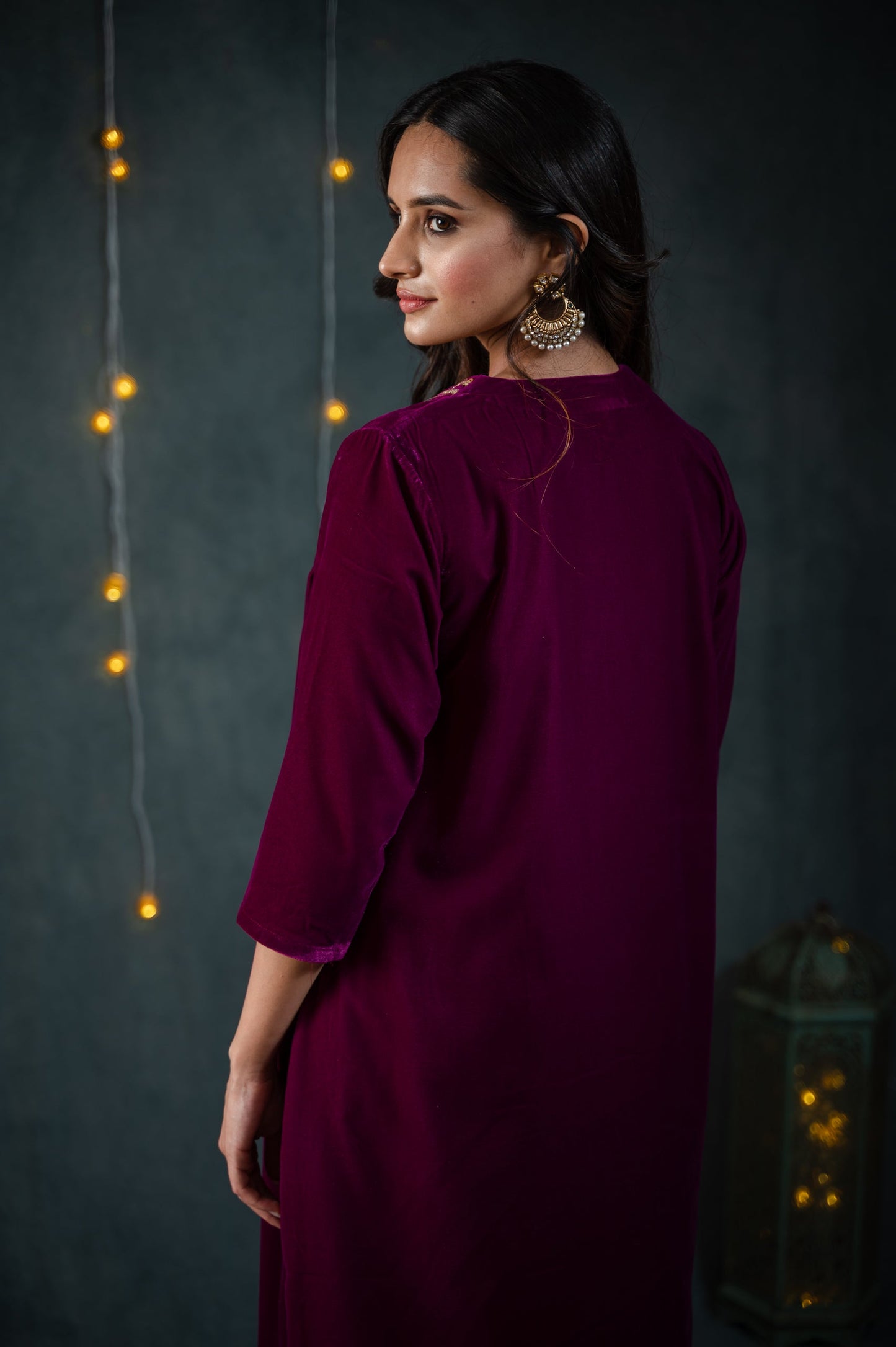 Dhiyona ST Women's Plum Velvet Kurta with Sequinned Neckline and Pants 2 Piece Set | Straight Fit, V Neck, 3/4 Sleeves, Pants, Partywear, (Velvet)