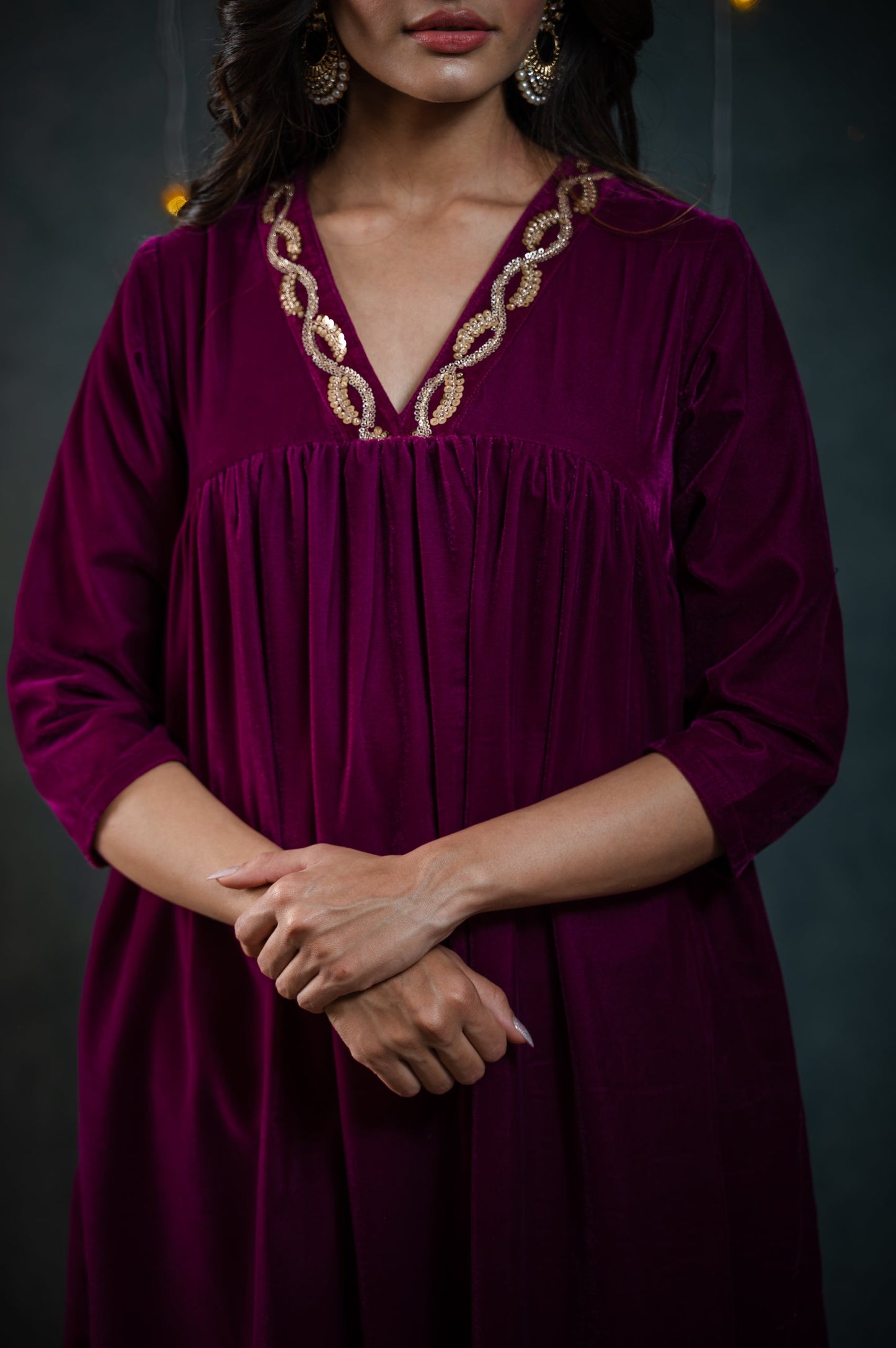 Dhiyona ST Women's Plum Velvet Kurta with Sequinned Neckline and Pants 2 Piece Set | Straight Fit, V Neck, 3/4 Sleeves, Pants, Partywear, (Velvet)