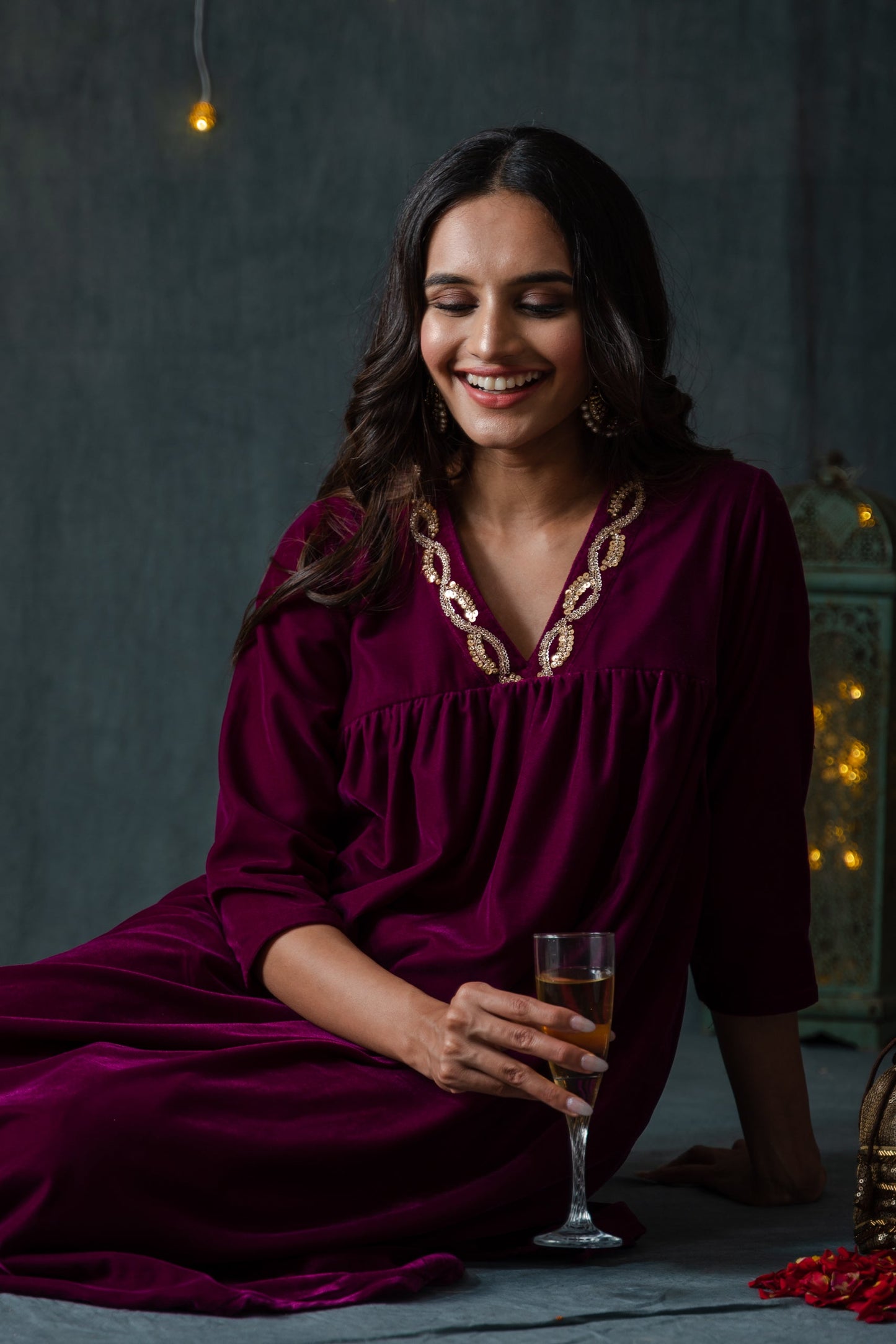 Dhiyona ST Women's Plum Velvet Kurta with Sequinned Neckline and Pants 2 Piece Set | Straight Fit, V Neck, 3/4 Sleeves, Pants, Partywear, (Velvet)