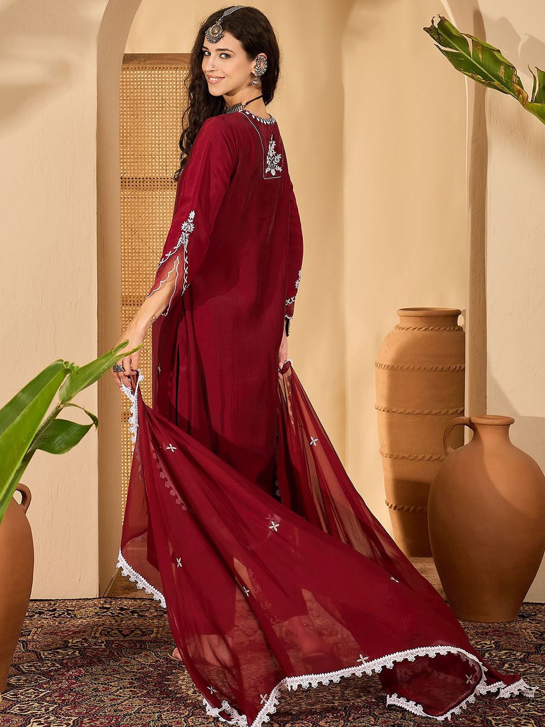 Women Woven Design Embroidered Kurta with Trousers & Dupatta