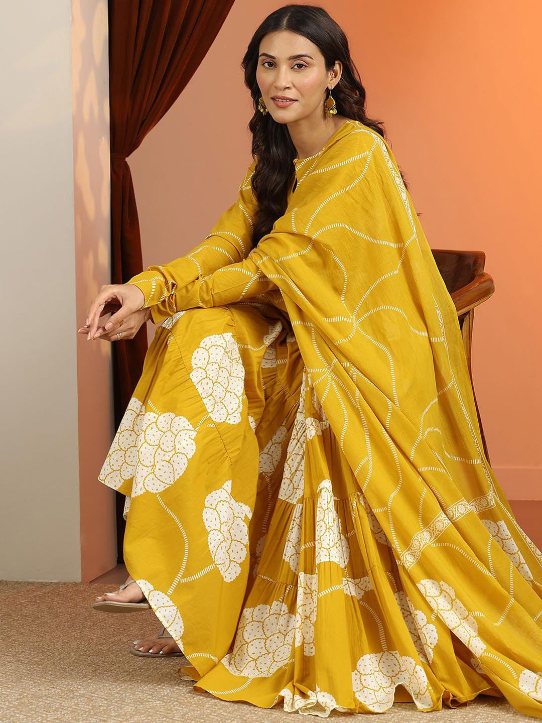 Womens Mustard Printed Cotton Anarkali Kurta With Trousers & Dupatta