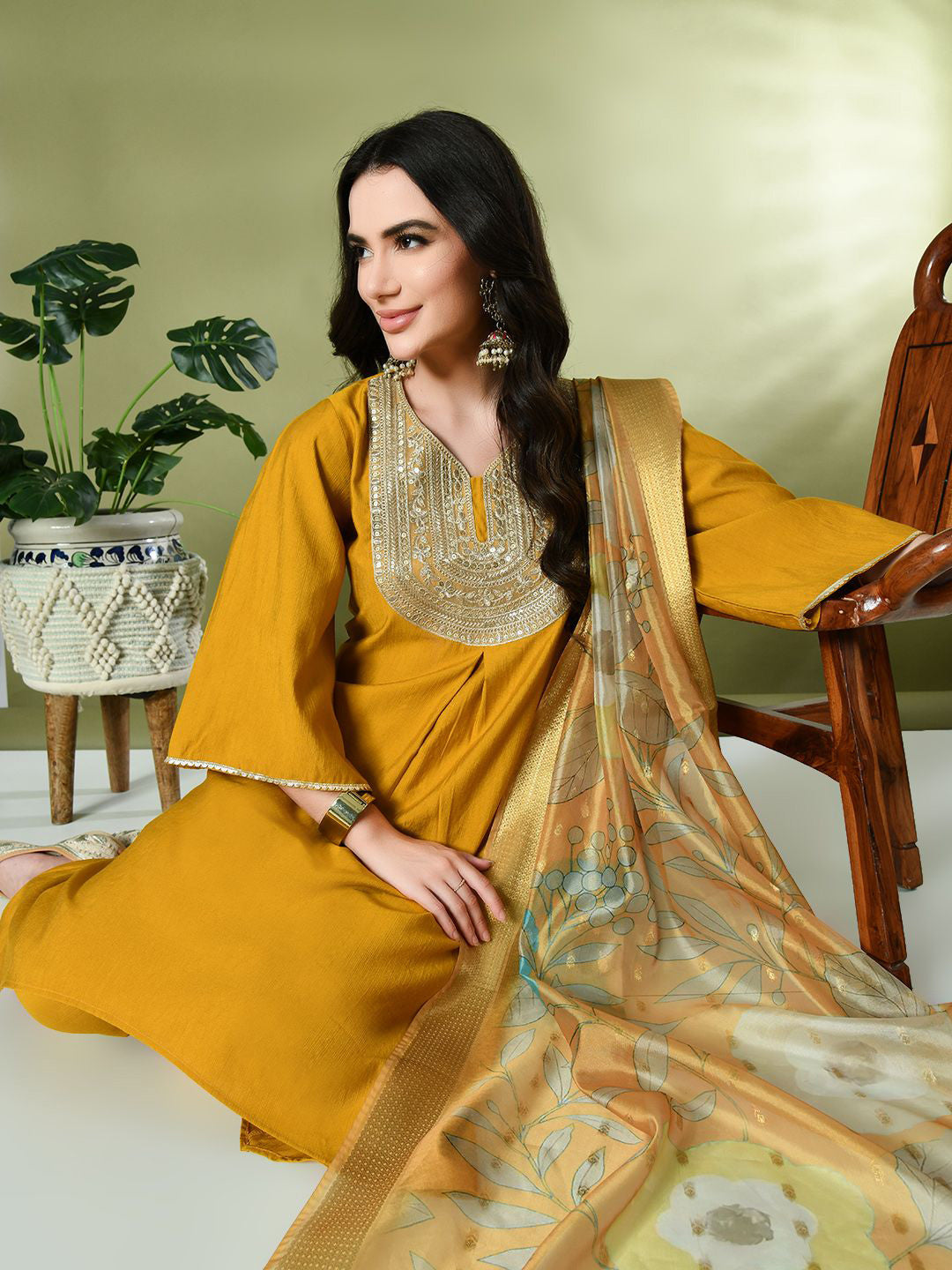 Ethnic Motifs Yoke Design Sequinned A-Line Kurta With Dhoti Pant & Dupatta