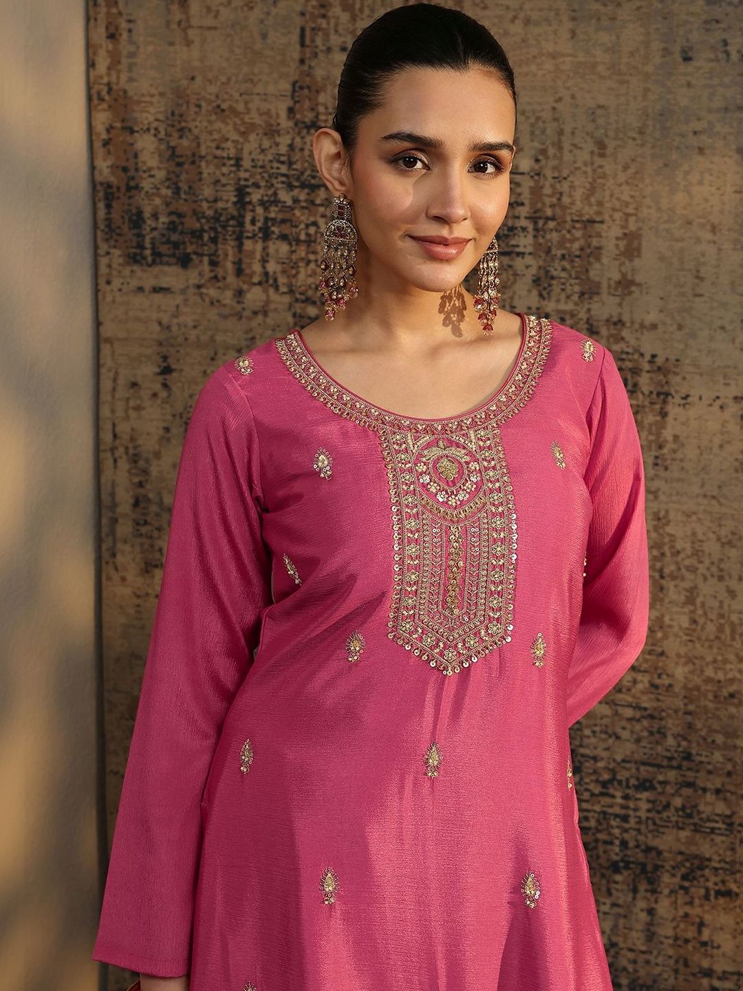 Dhiyona LL Women Ethnic Motifs Embroidered Regular Thread Work Kurta with Palazzos & With Dupatta
