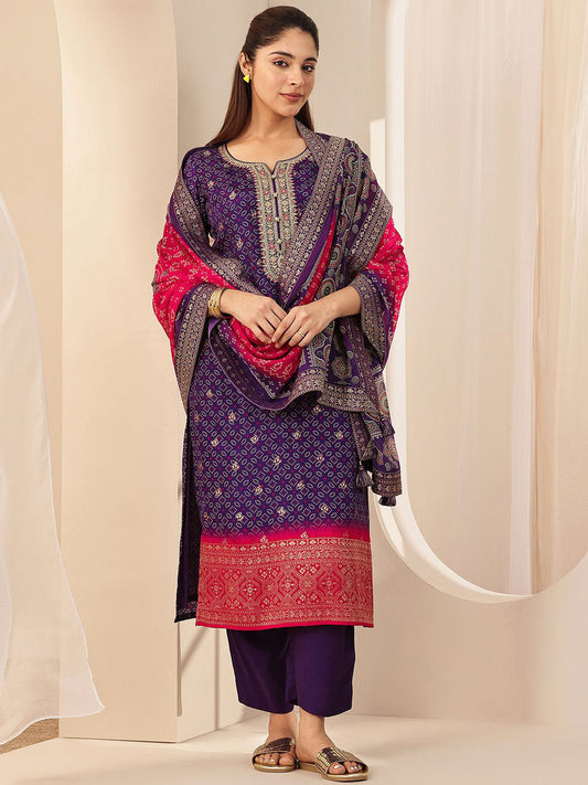 Bandhani Embroidered Sequinned Straight Kurta with Trousers & Dupatta