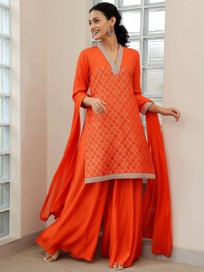 Women's LB Orange Woven Design Silk Blend Straight Suit With Dupatta