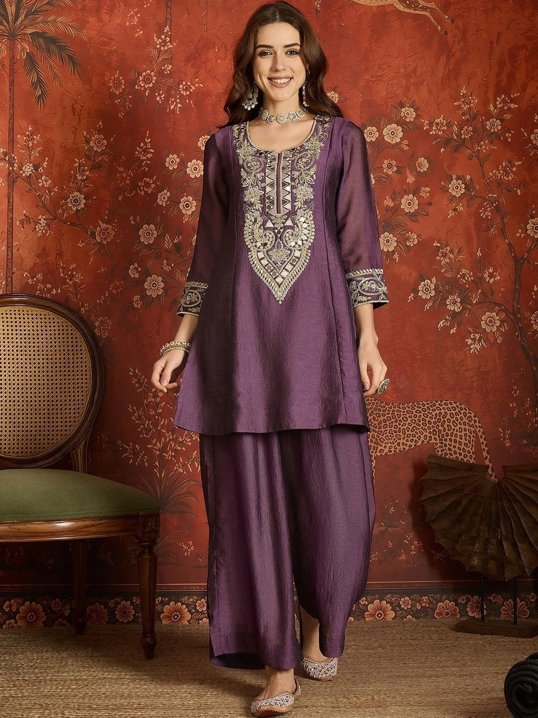 Women Ethnic Motifs Embroidered Regular Pure Silk Kurta with Dhoti Pants & With Dupatta