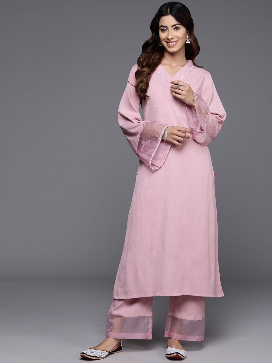 Pink Pink Flared Sleeve Organza detailed Solid Kurta & Palazzo