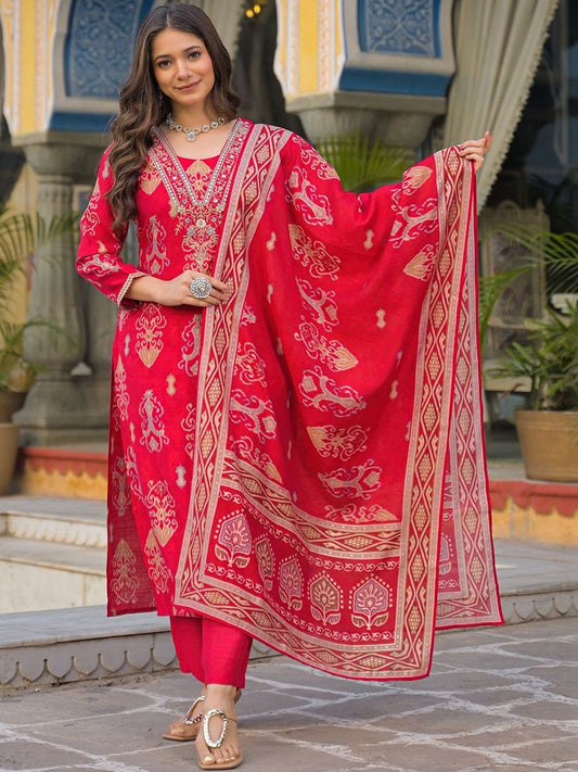 Dhiyona KL Women Ethnic Motifs Printed Regular Mirror Work Kurta with Trousers & With Dupatta