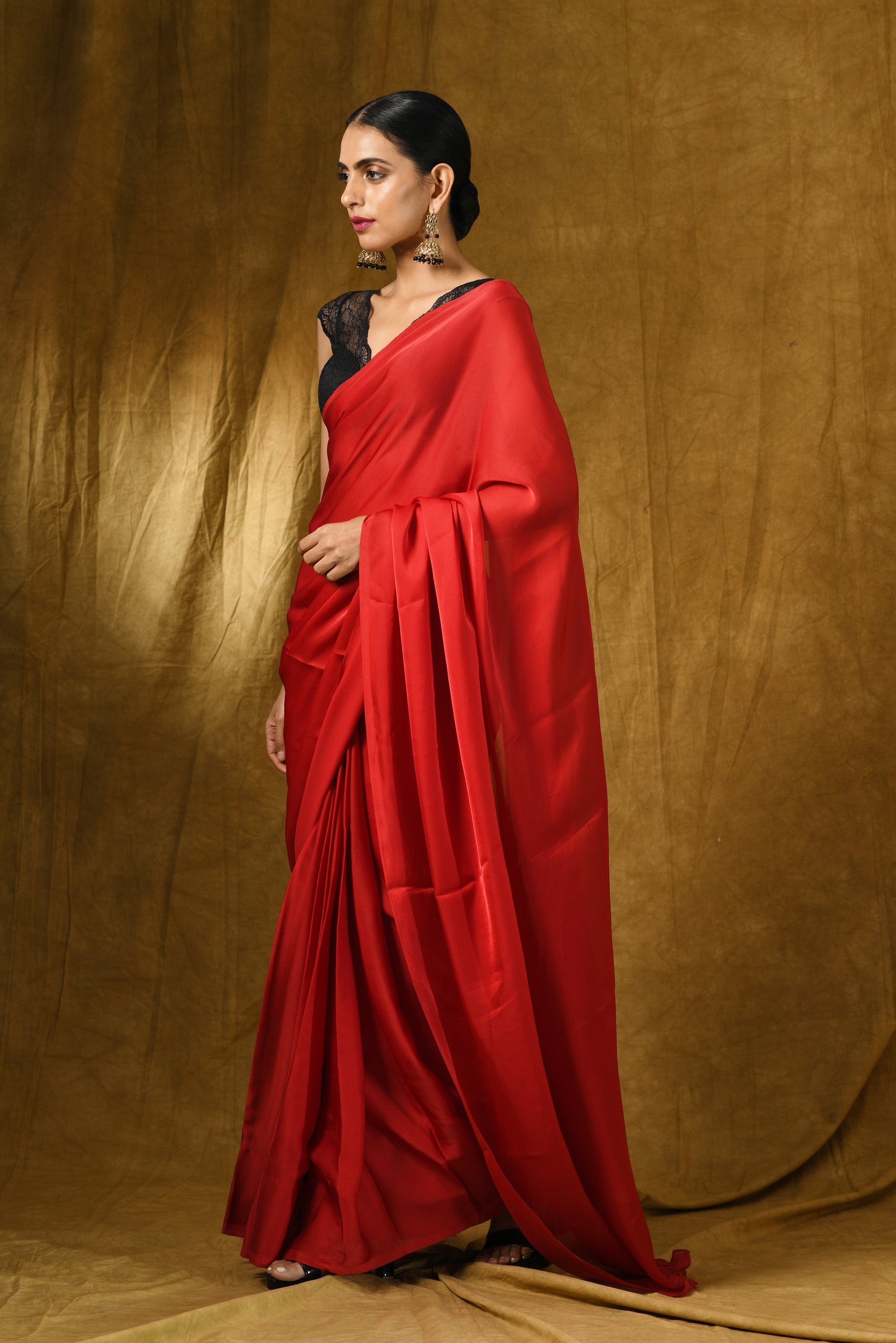 Dhiyona ST Fiery Red Satin Saree with Gold Pendants