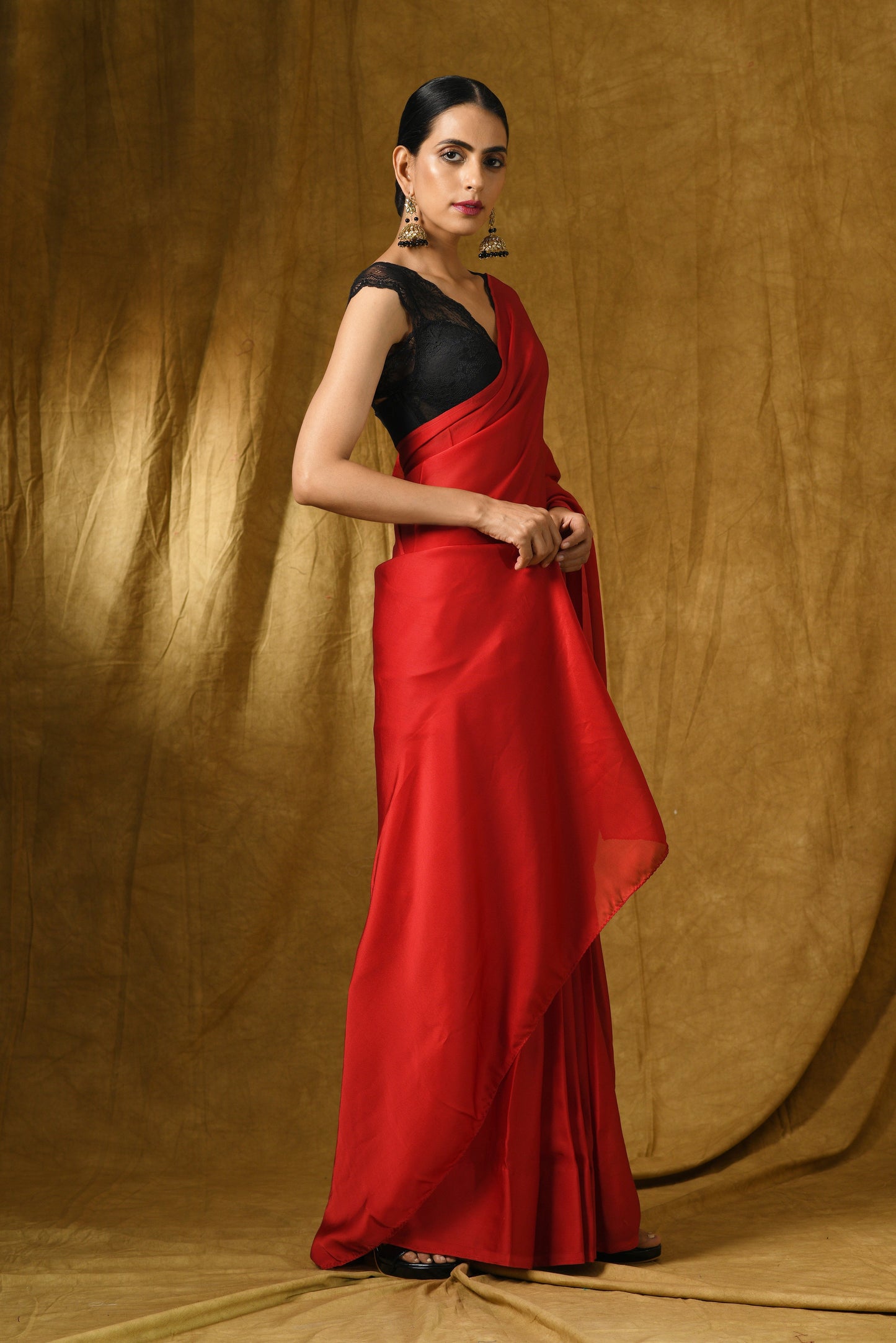 Dhiyona ST Fiery Red Satin Saree with Gold Pendants