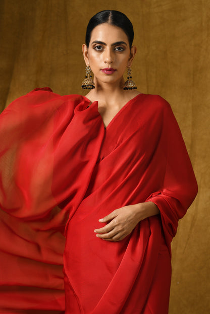 Dhiyona ST Fiery Red Satin Saree with Gold Pendants