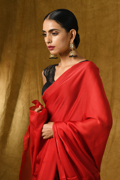 Dhiyona ST Fiery Red Satin Saree with Gold Pendants