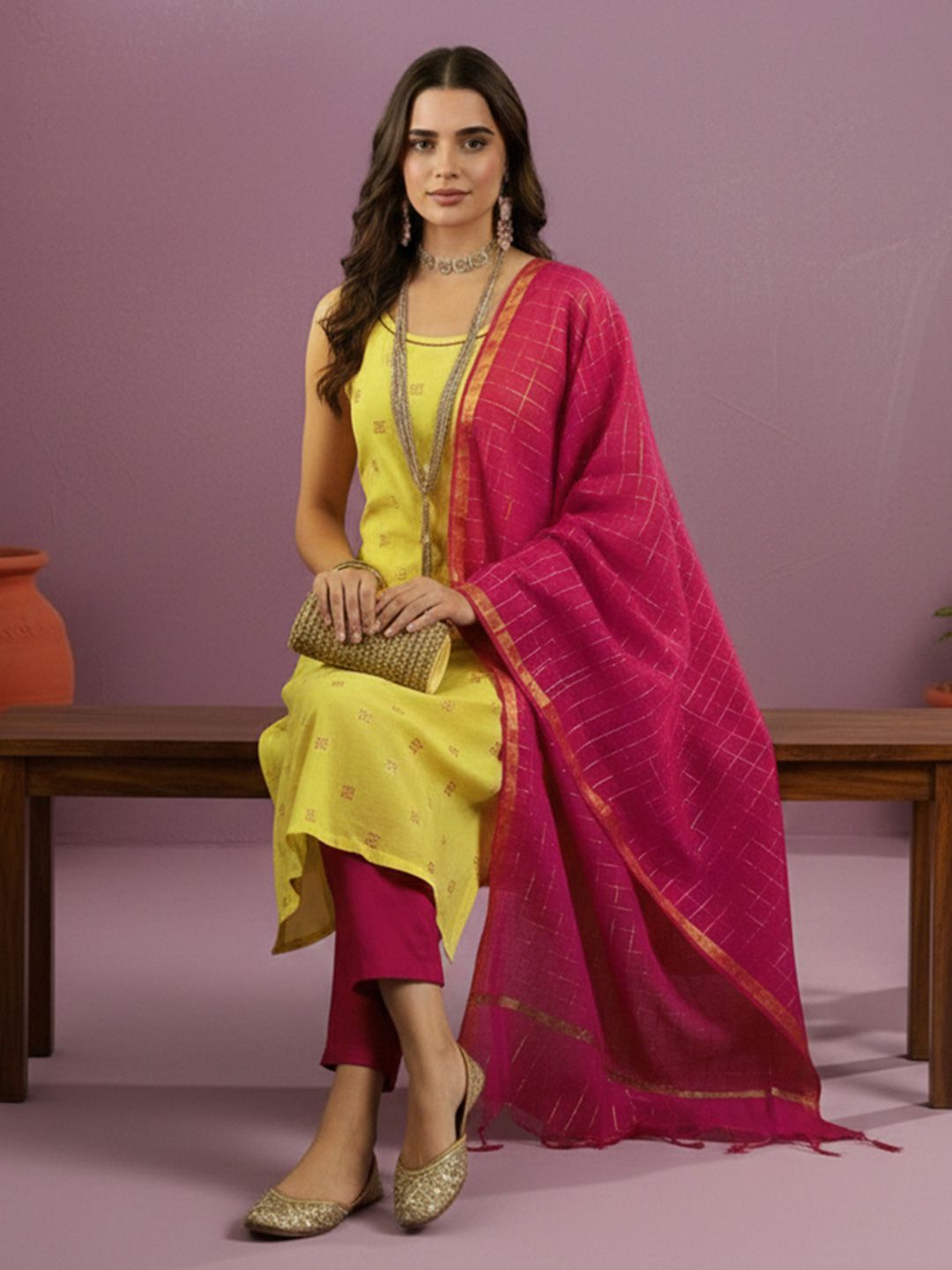 Dhiyona CH Women Ethnic Motifs Printed Regular Kurta with Trousers & With Dupatta