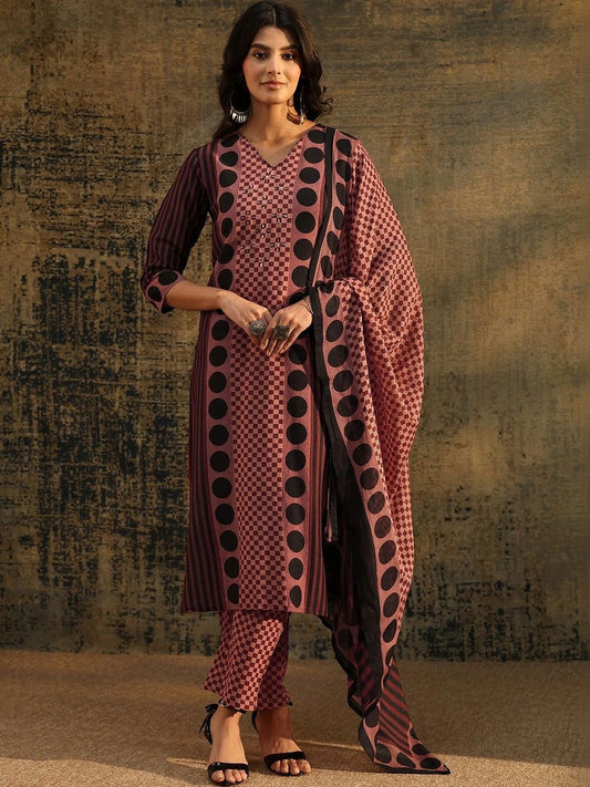 Brown Geometric Printed Cotton Straight Suit Set