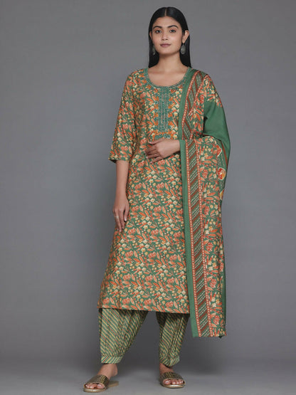 Women's LB Green Printed Silk Blend Straight Suit With Dupatta