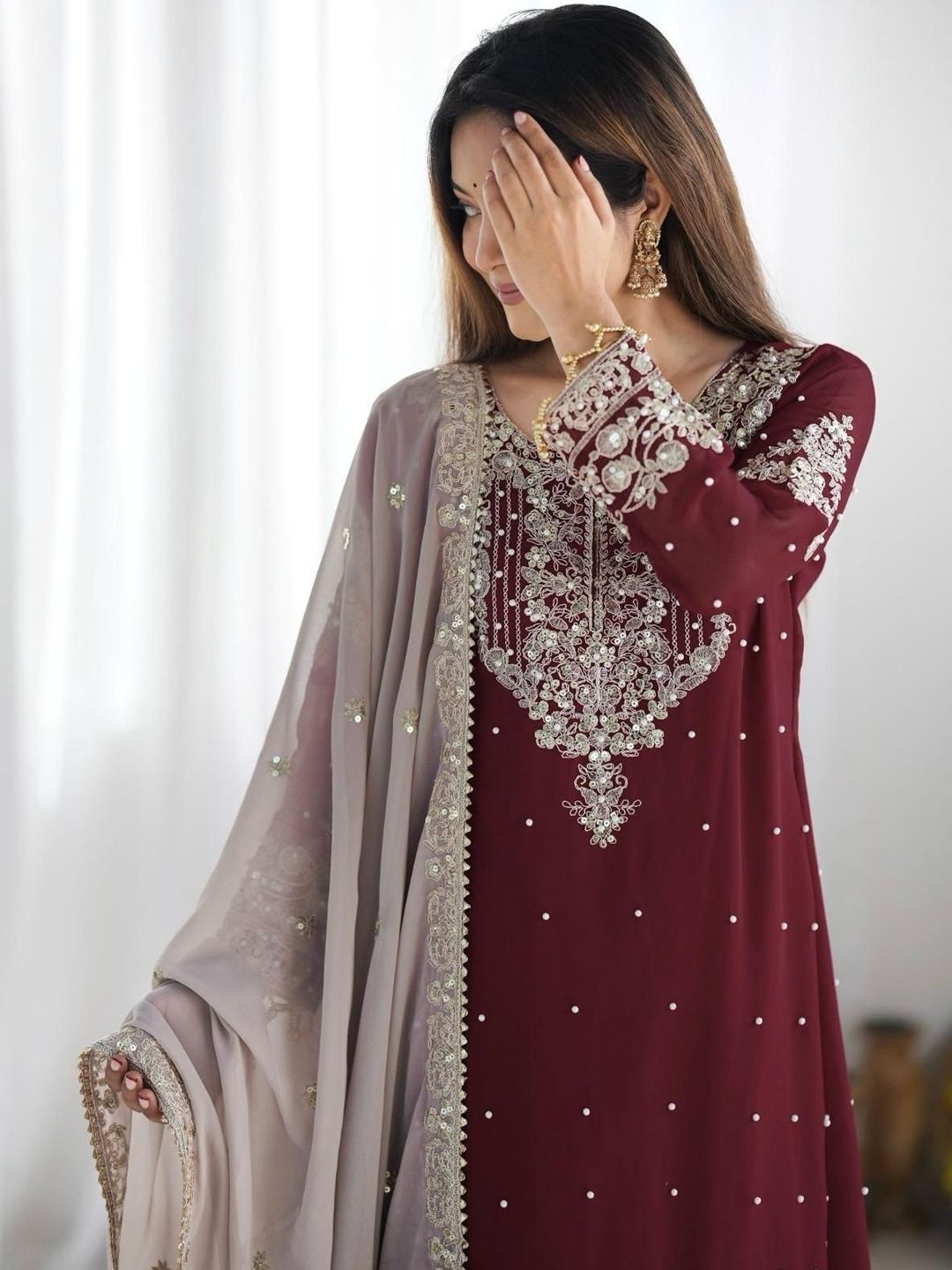 Dhiyona KL Women Ethnic Motifs Embroidered Regular Sequinned Kurta with Sharara & With Dupatta