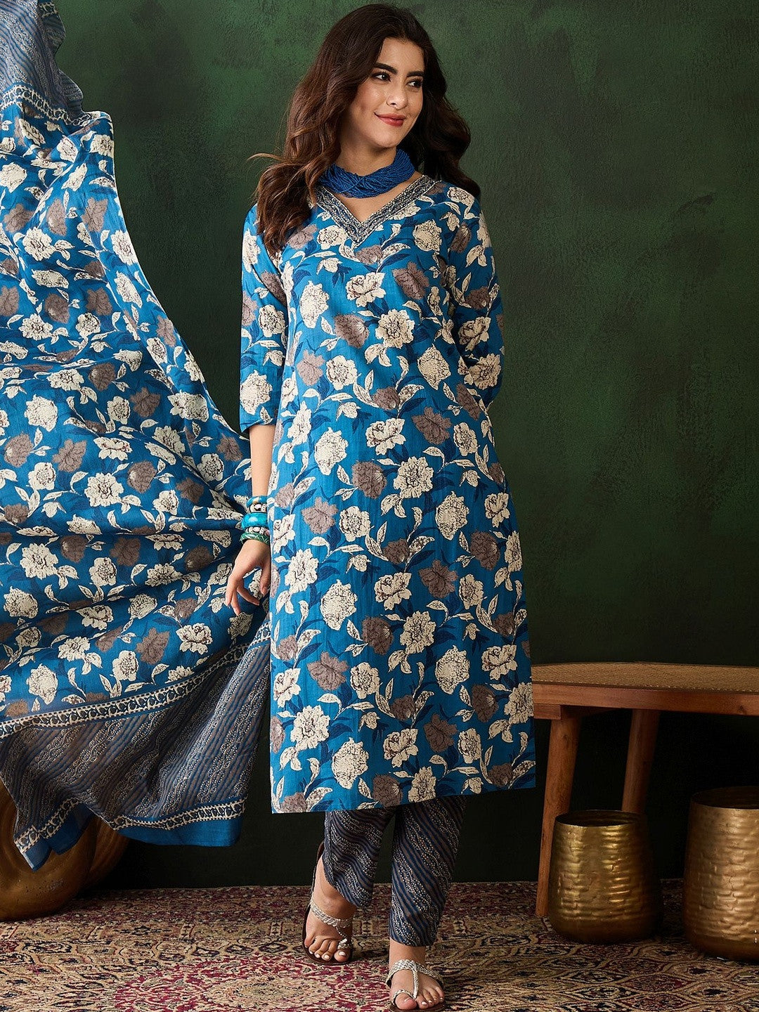 Printed Pure Cotton V-Neck Kurta & Trousers Kurta Set