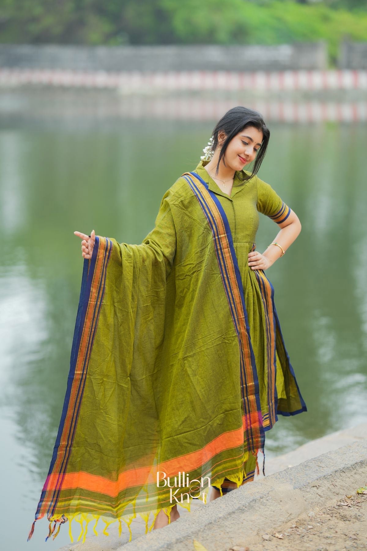 Dhiyona BN Syahi Handloom Olive Green Collar-Neckline Suit Set