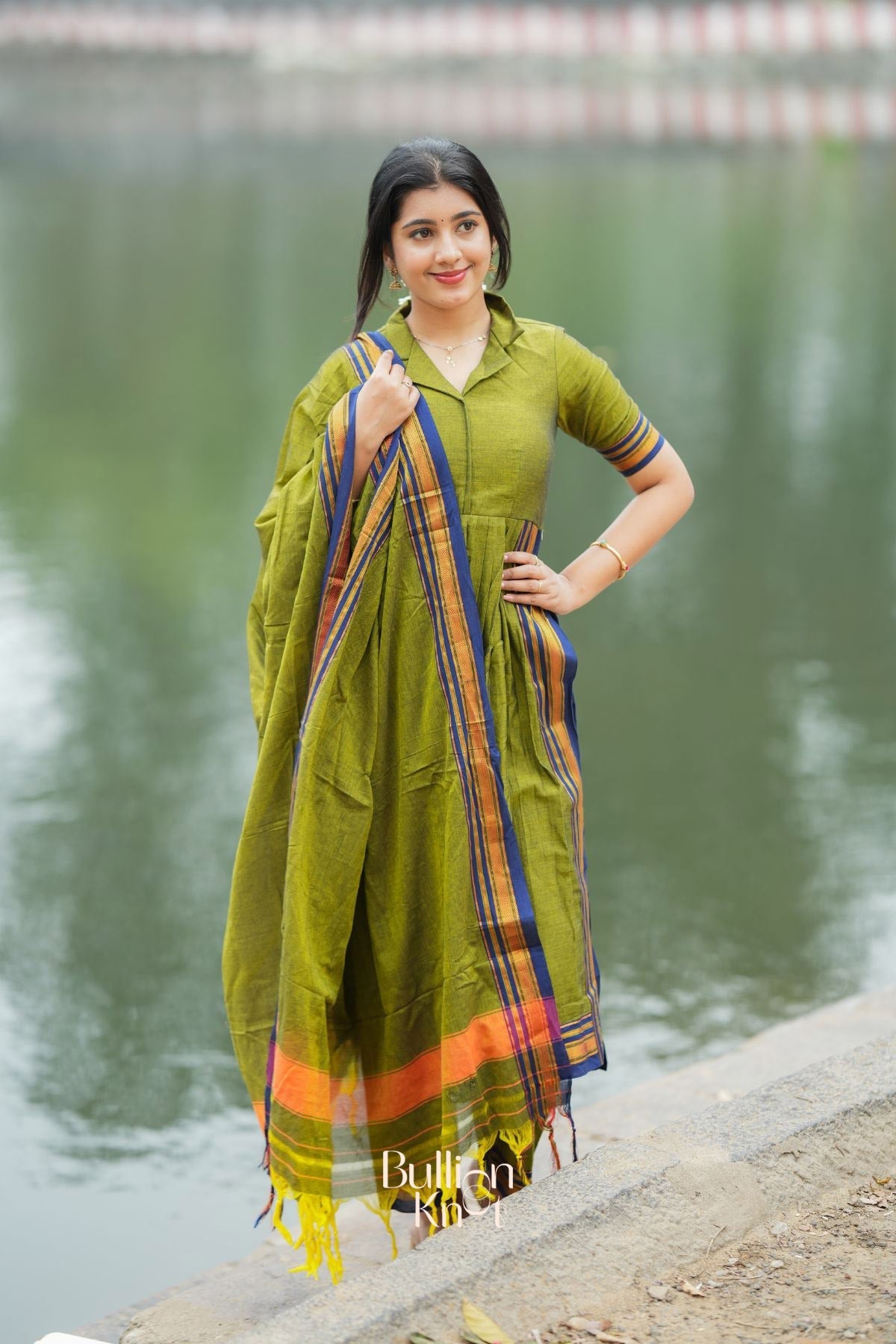 Dhiyona BN Syahi Handloom Olive Green Collar-Neckline Suit Set
